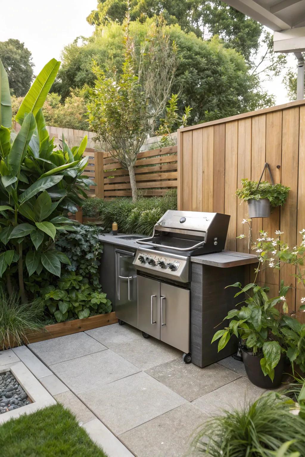 A small-scale corner BBQ setup maximizes space.