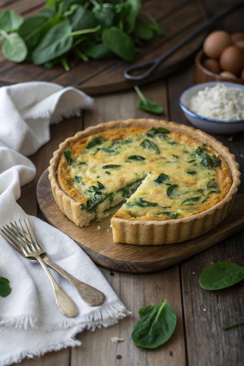 A savory quiche, versatile and delicious any time of day.