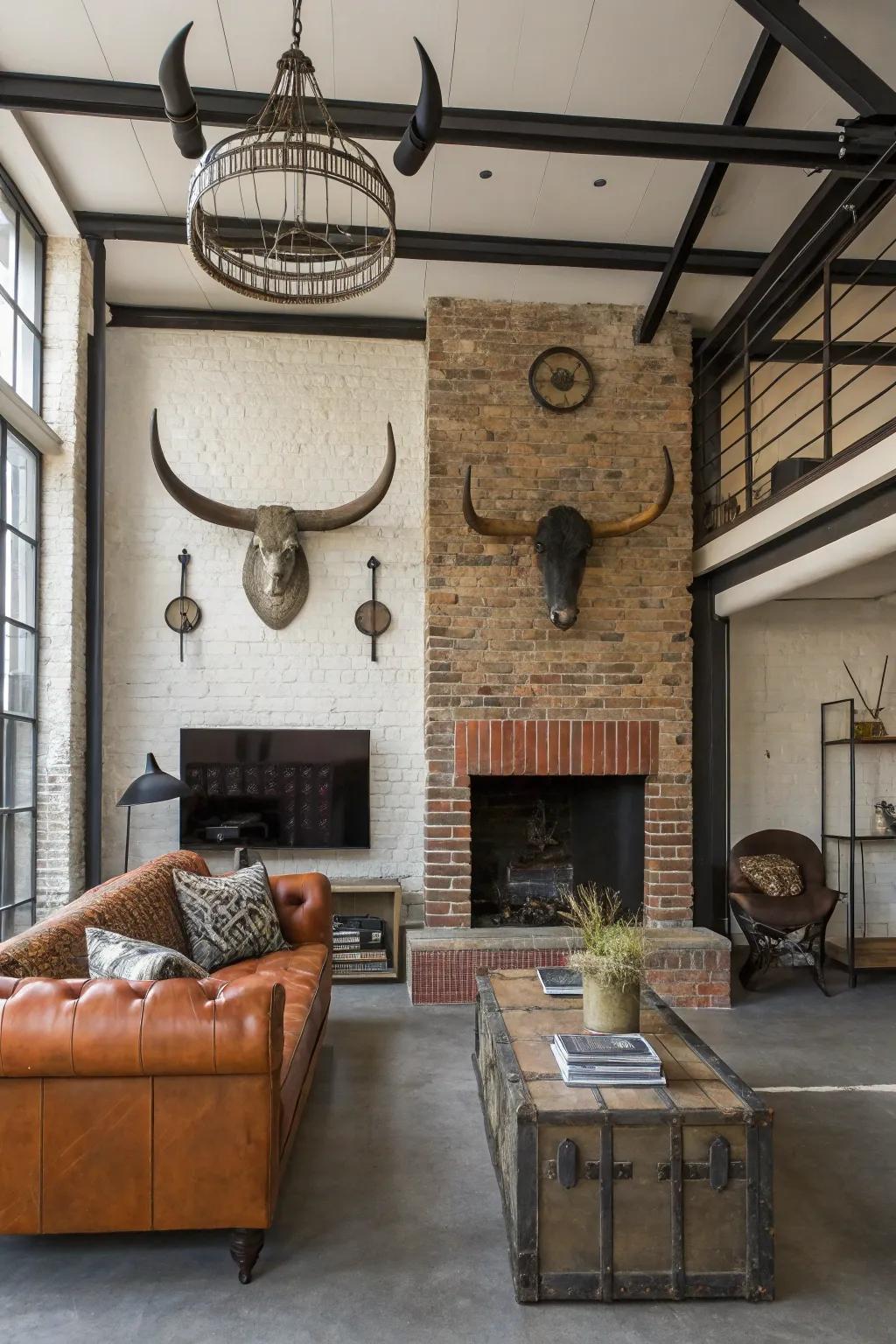 Combine animal skull mounts with metal for industrial charm.
