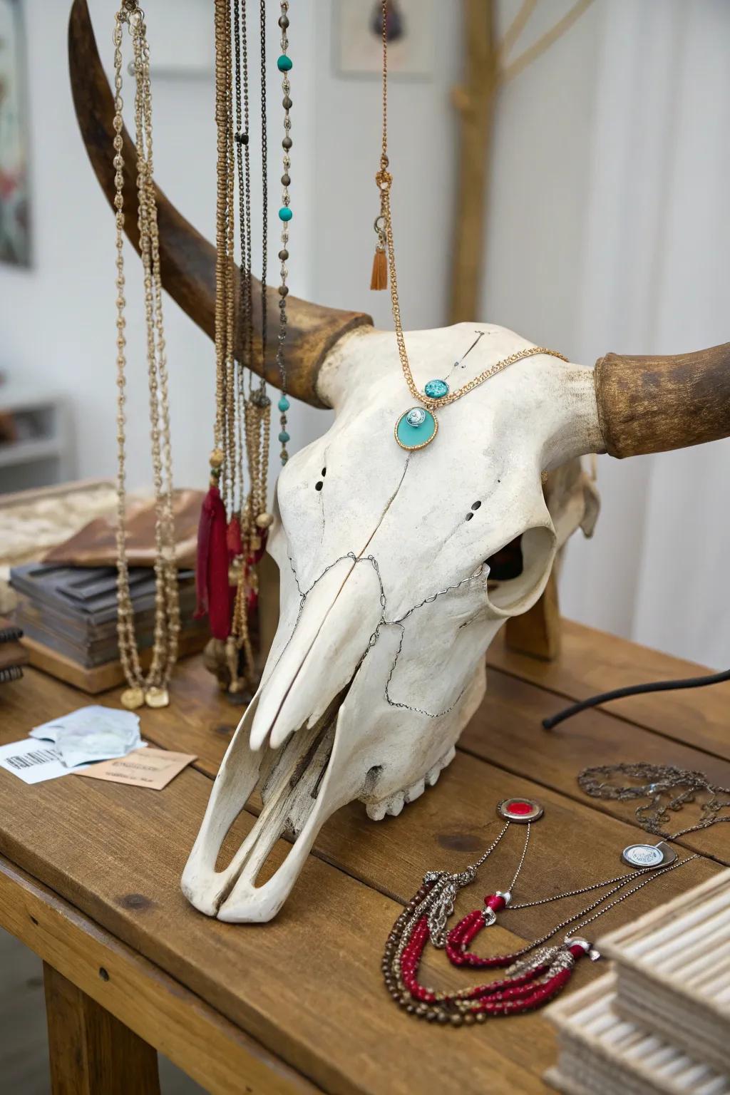 Creative adornment exhibition utilizing a bovine skull.