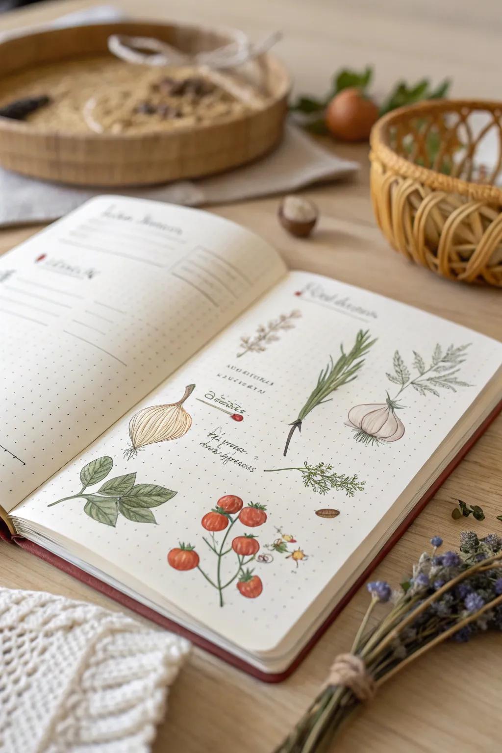 Record your culinary journey with a beautifully illustrated recipe collection in your bullet journal.