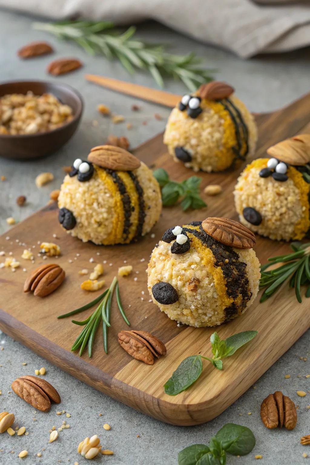 Bee-shaped cheese morsels for a savory appetizer.