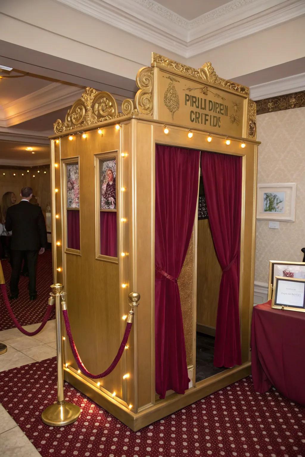 A photo booth in gleaming tones with deep red accents provides enjoyable photo opportunities.