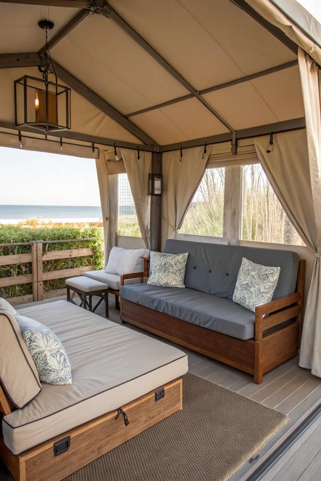 A versatile cabana that showcases adaptable furnishings for added flexibility.