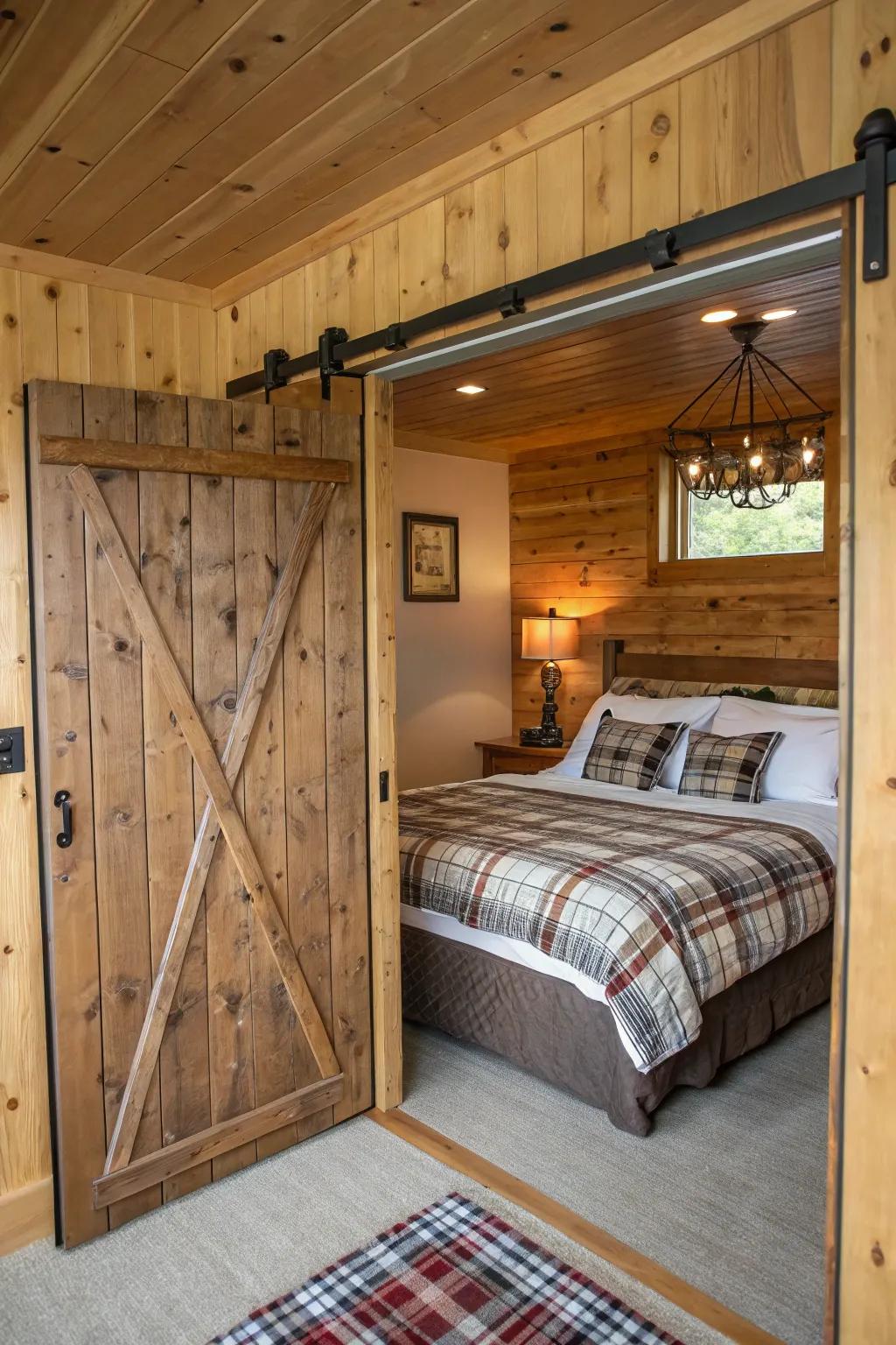 A cabin bedroom showcasing sliding barn doors.
