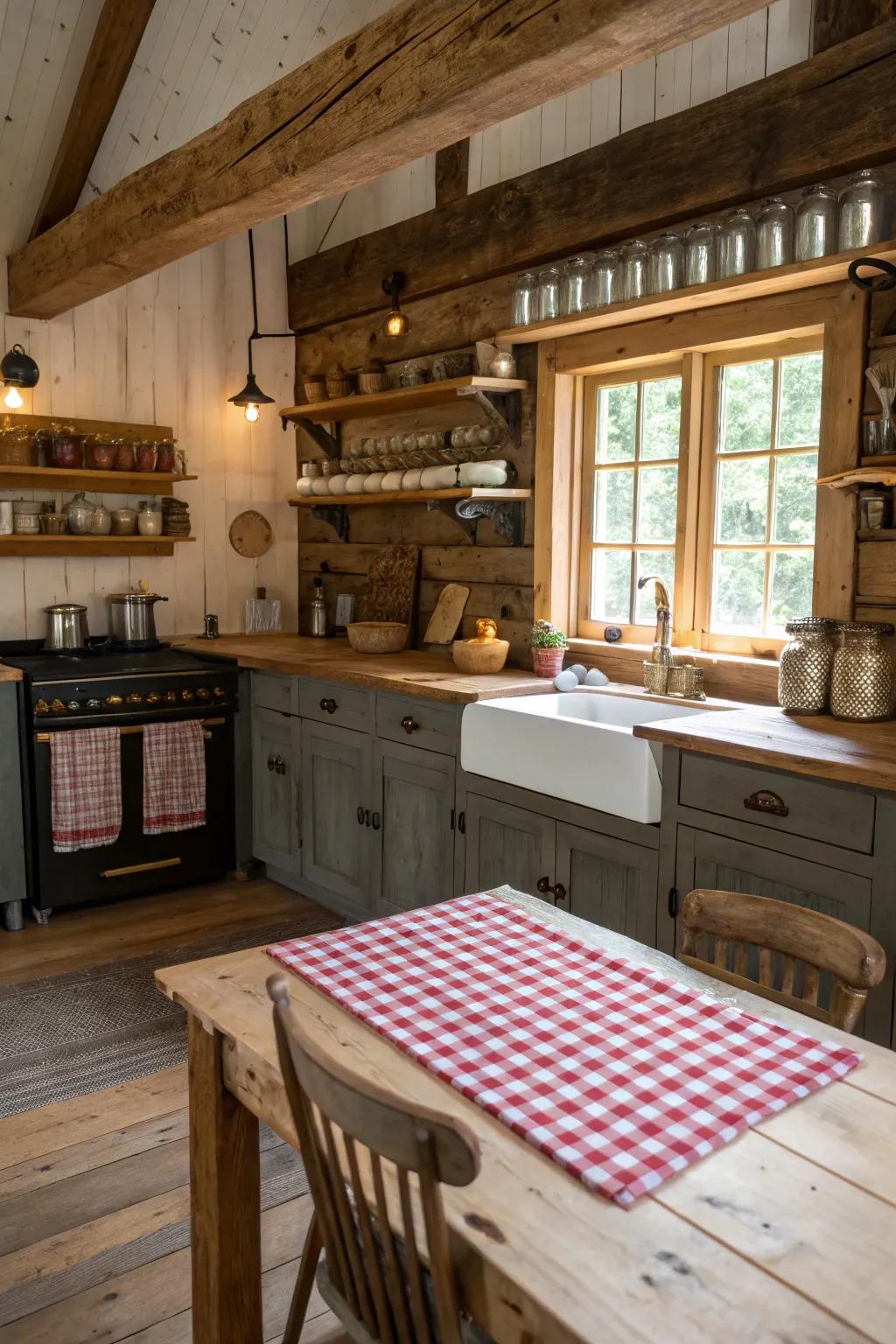 Brass hardware adds a subtle elegance to a cabin kitchen.