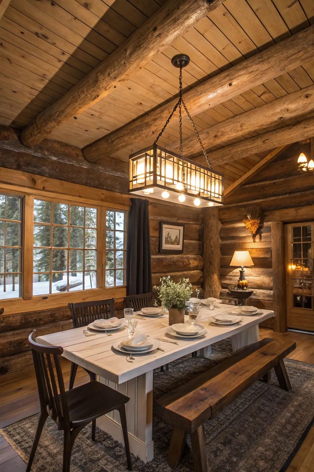A statement light piece improves the dining area inside a cabin.
