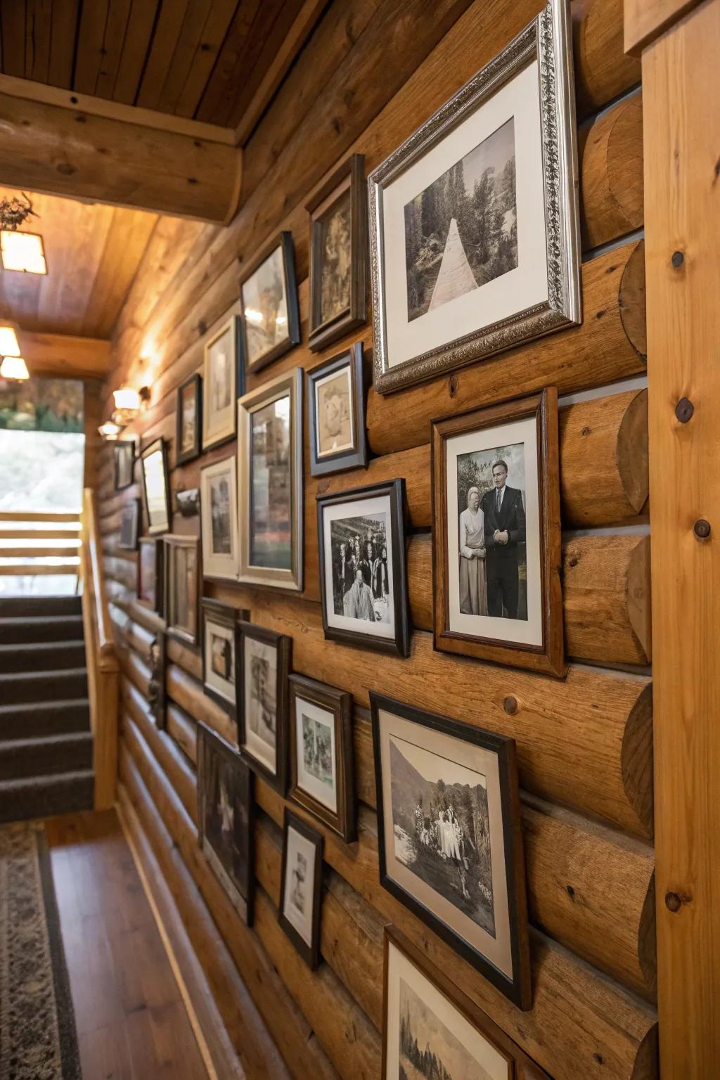 An individual gallery wall surface with family members photos in a comfy cabin.