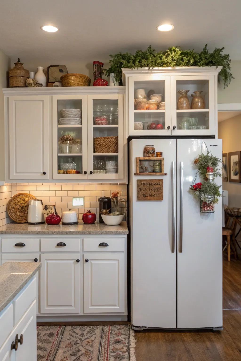 The space above the fridge is perfect for storing collectibles and seasonal items.