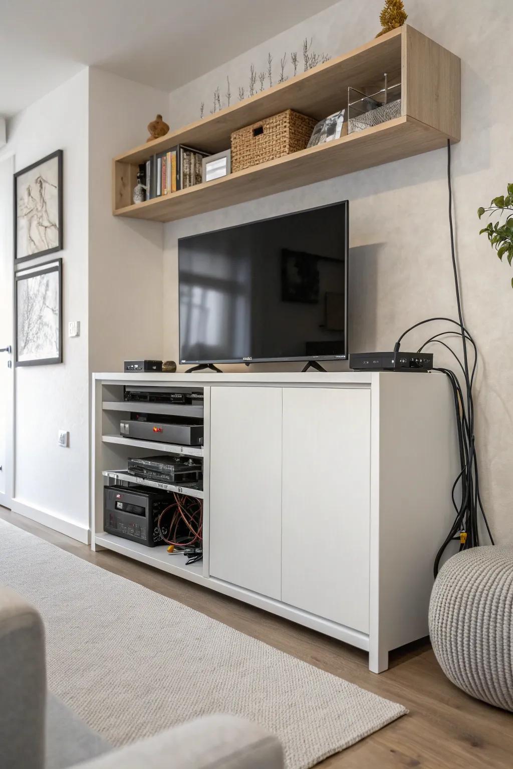 Cabinet maintaining cables concealed and arranged.