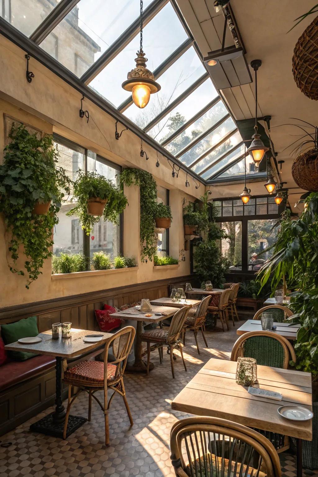 A cafe interior bathed in natural light from strategically placed overhead windows.