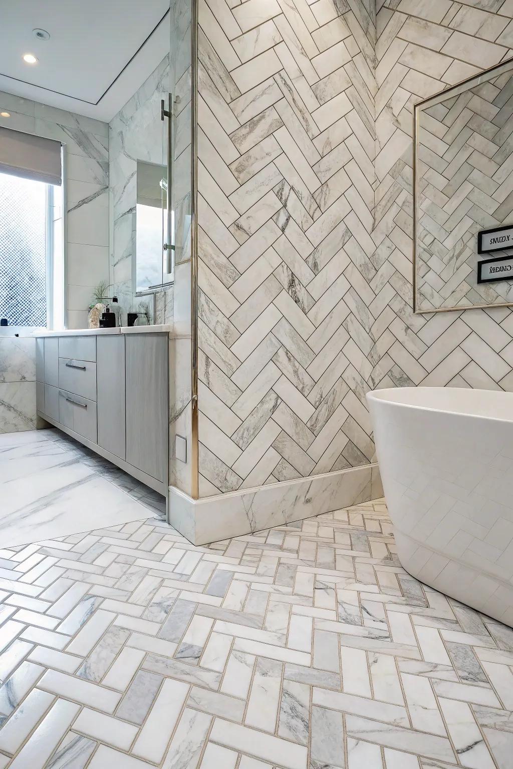 A visually interesting bathroom with an intricate herringbone layout of Ivory Coast marble tiles.