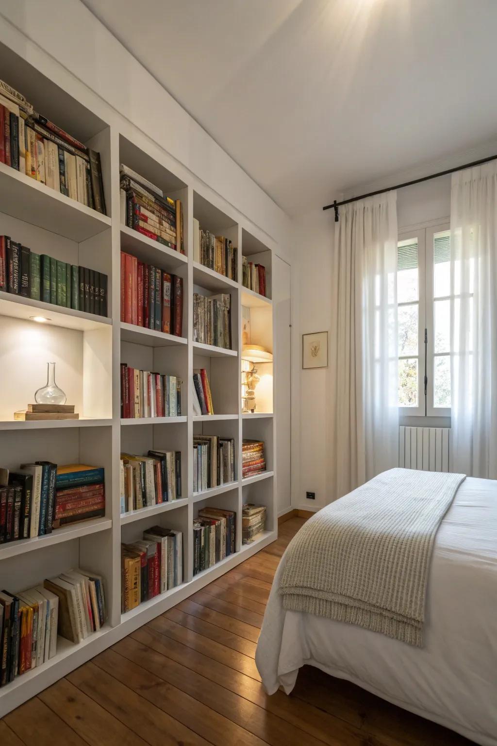 Bedroom design featuring a bookshelf filled with design books and novels.