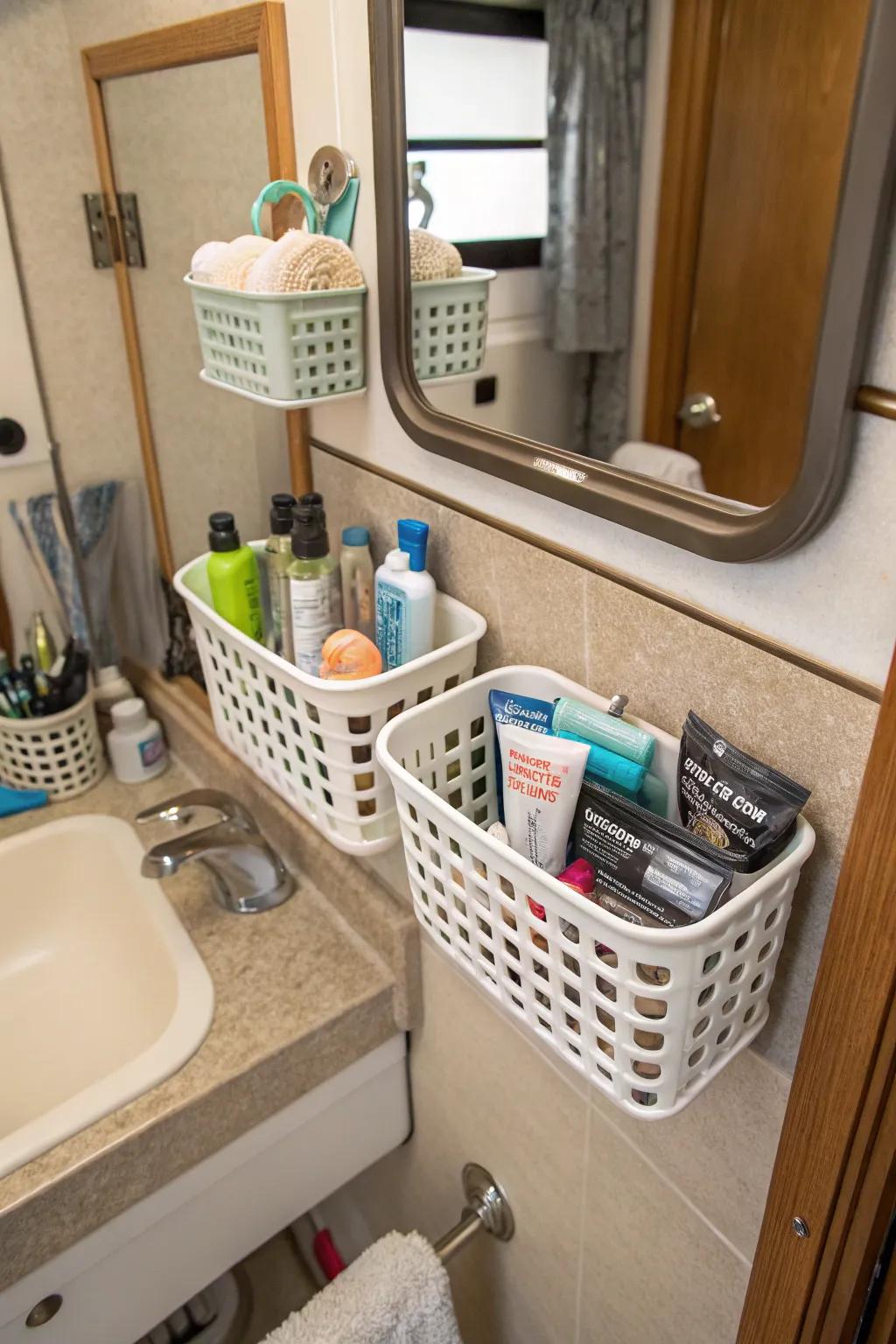 Suction cup tubs adding storage without permanent changes.