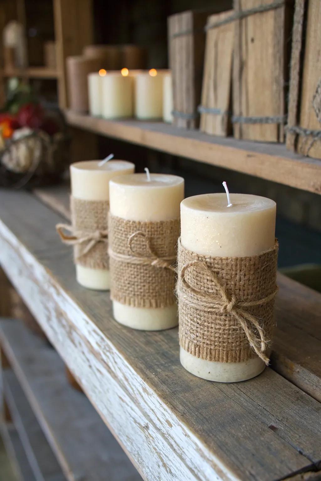 Countryside warmth radiating from hessian-enclosed candles.