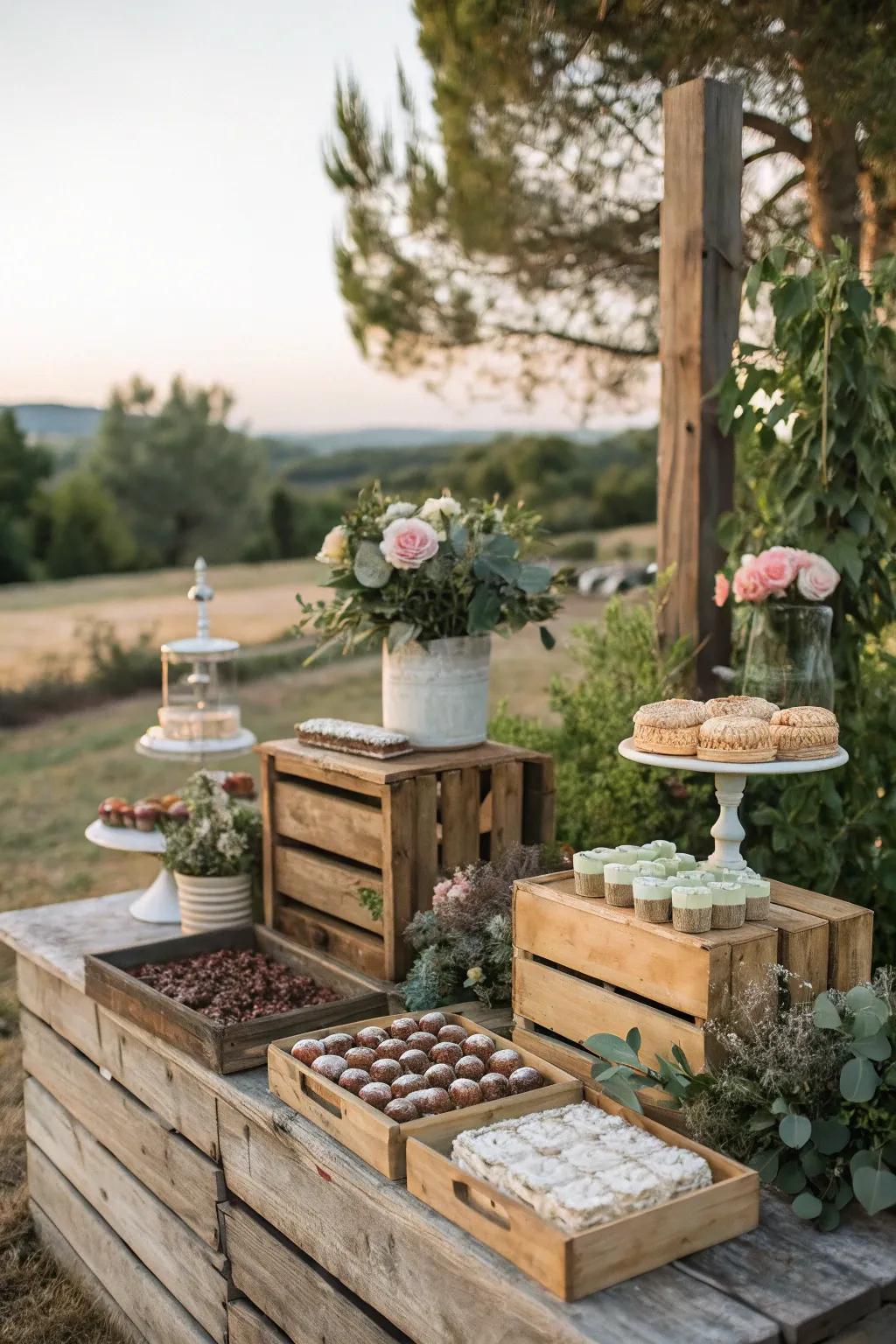 A charming country-style candy bar set in a beautiful outdoor setting.