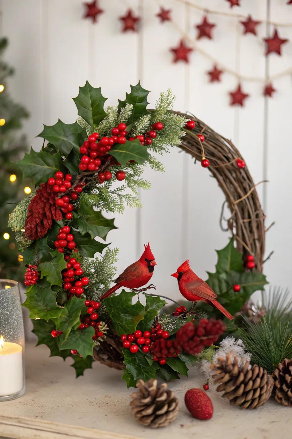 A festive wreath with cardinals and holly for a classic look.