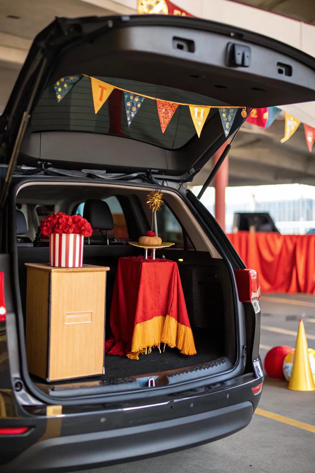 An enthralling ringmaster's stage, commanding attention at the trunk-or-treat event.