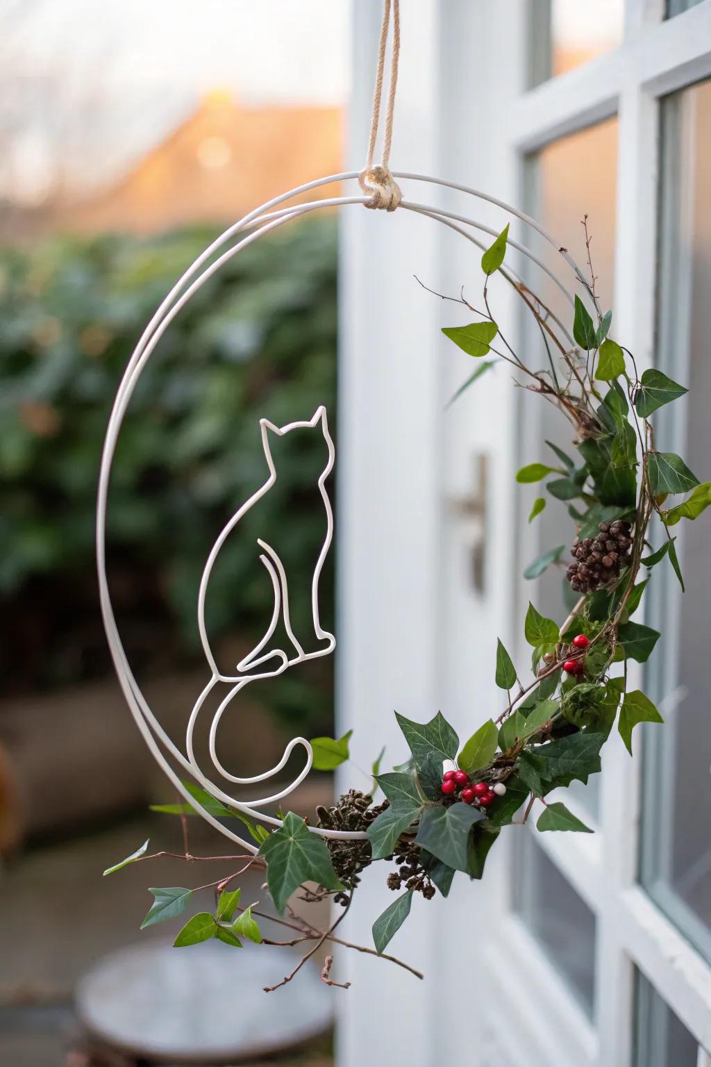 A minimalist kitty outline wreath for a sleek style.