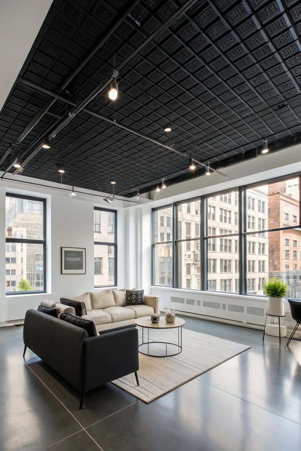 Issue a bold declaration via ebony ceiling squares.