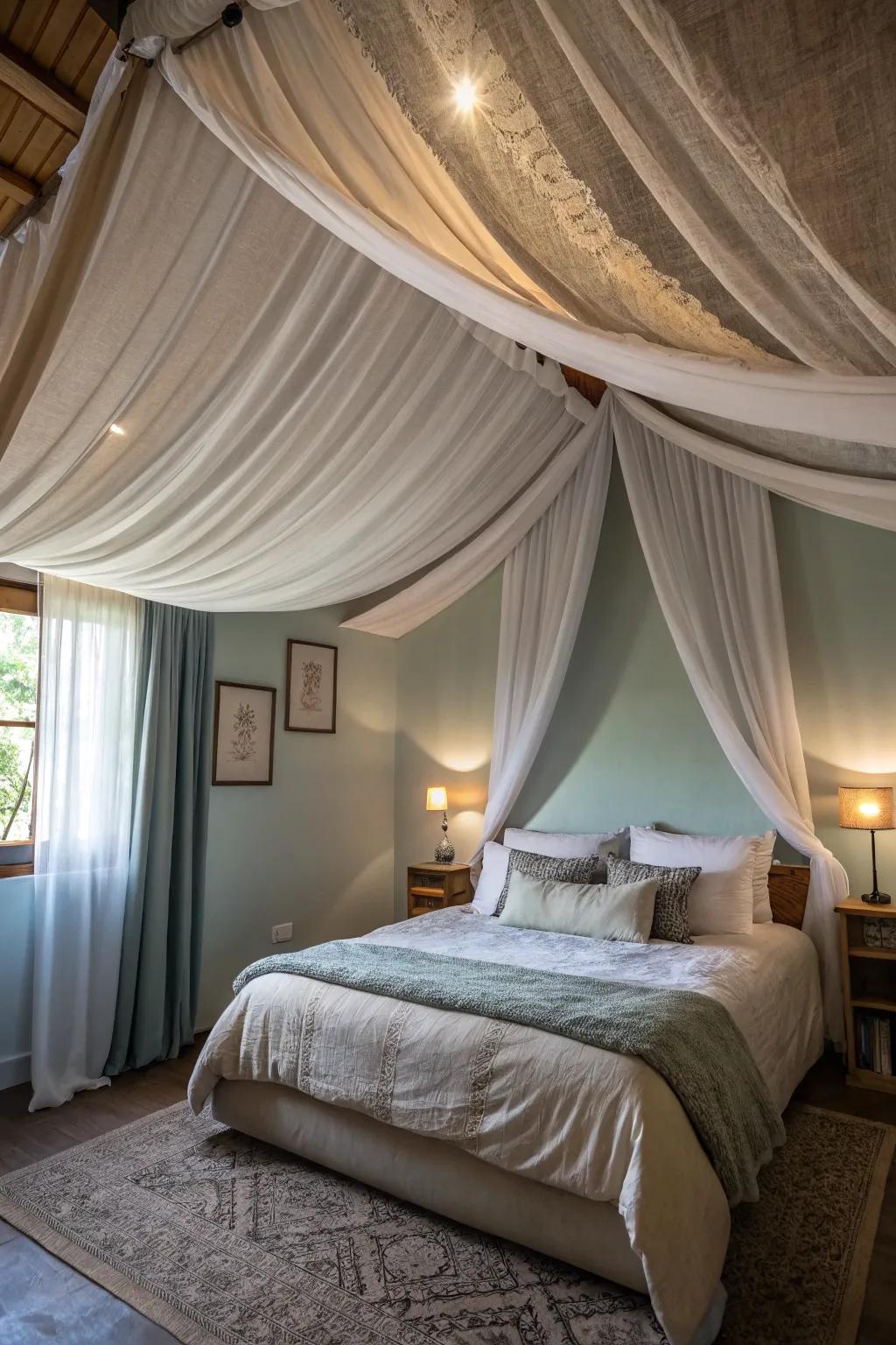 A bedroom with draped fabric creating a cozy, inviting space.
