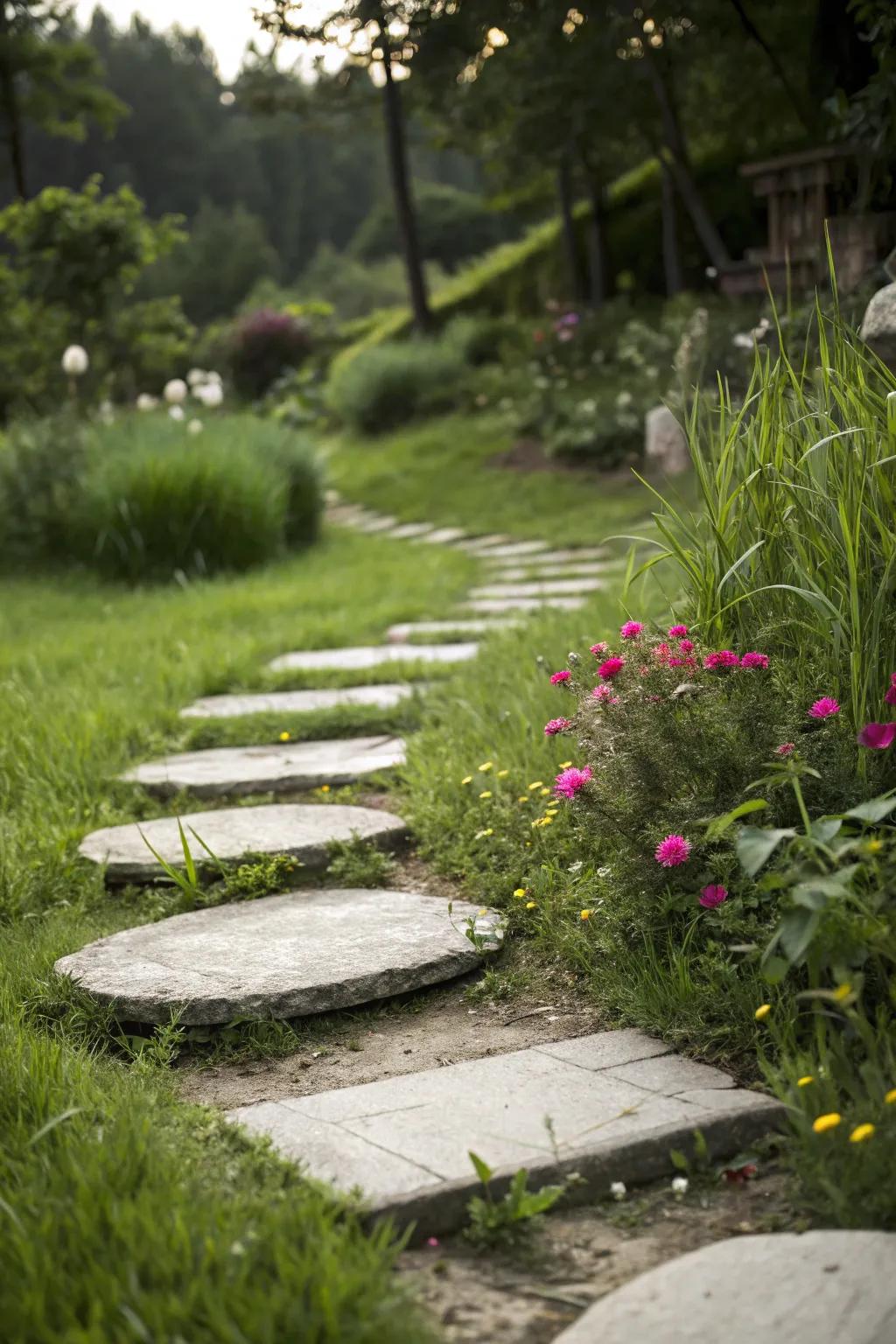Stone walkway blocks create a calm path through the garden.