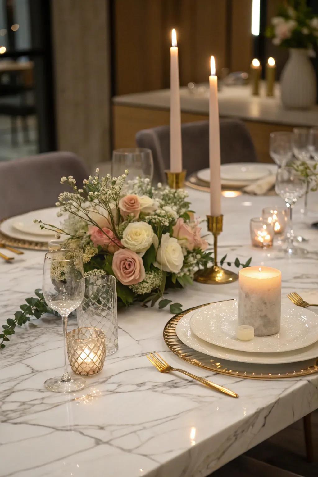 Sophisticated luxury with a marble block centerpiece base.