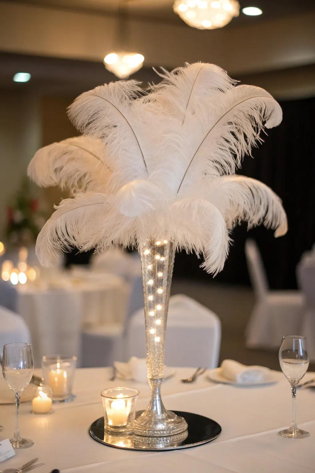 Chic centerpiece showcasing trendy plume highlights.