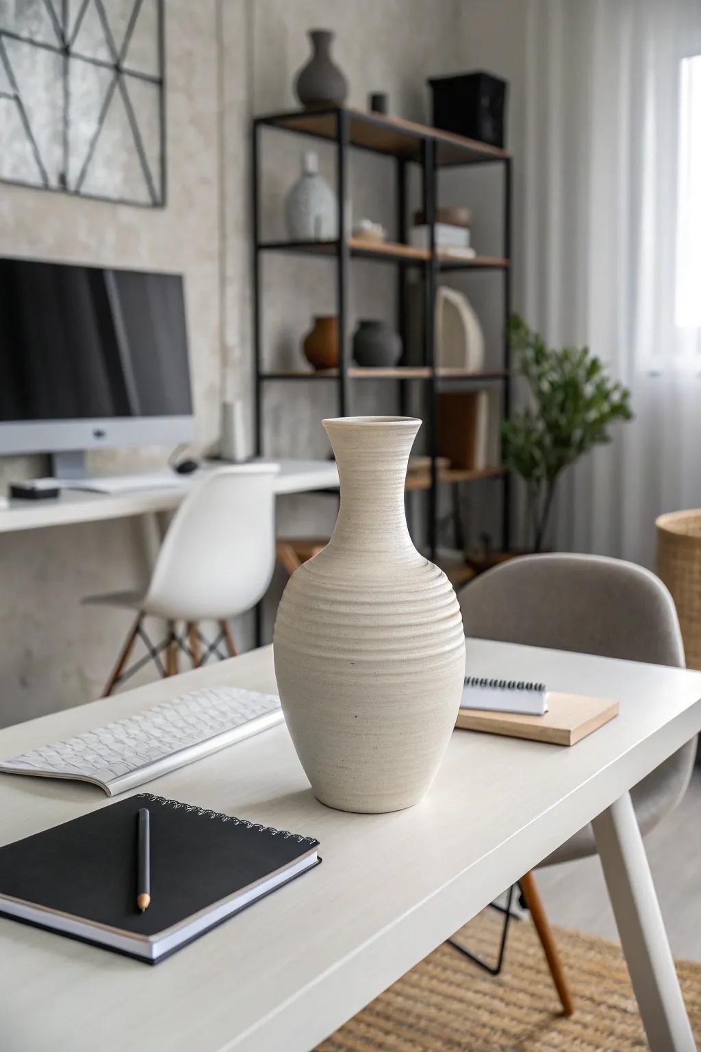 A monochrome ceramic vase adds elegance to the modern office decor.