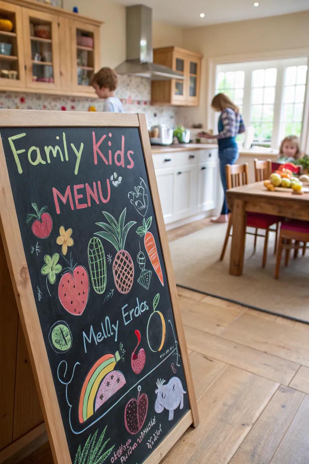 A colorful and playful chalkboard menu designed with kids in mind adds fun to the family kitchen.