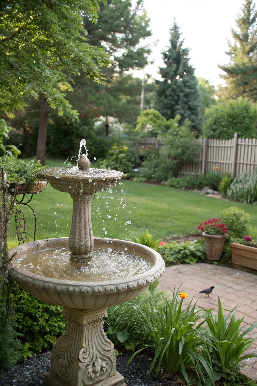 A bird bath fountain attracts wildlife and adds tranquility.