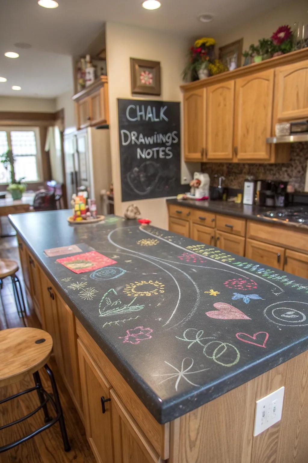 Inventive kitchen with slate board painted surfaces.