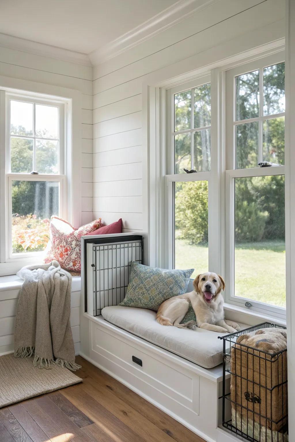 A window seat that doubles as a cozy kennel.