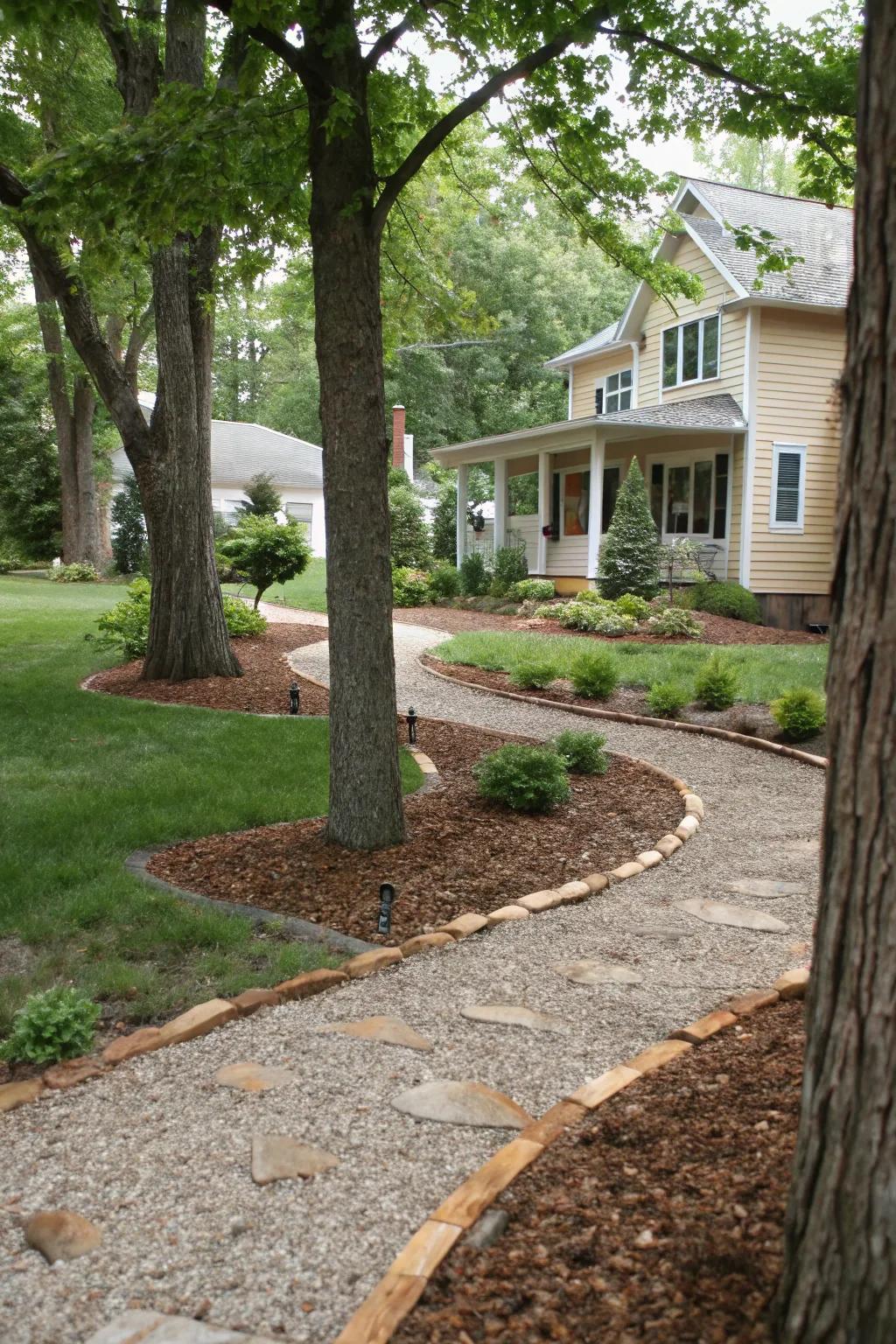 Crushed stones and mulch are low-maintenance and augment the vista's materiality.