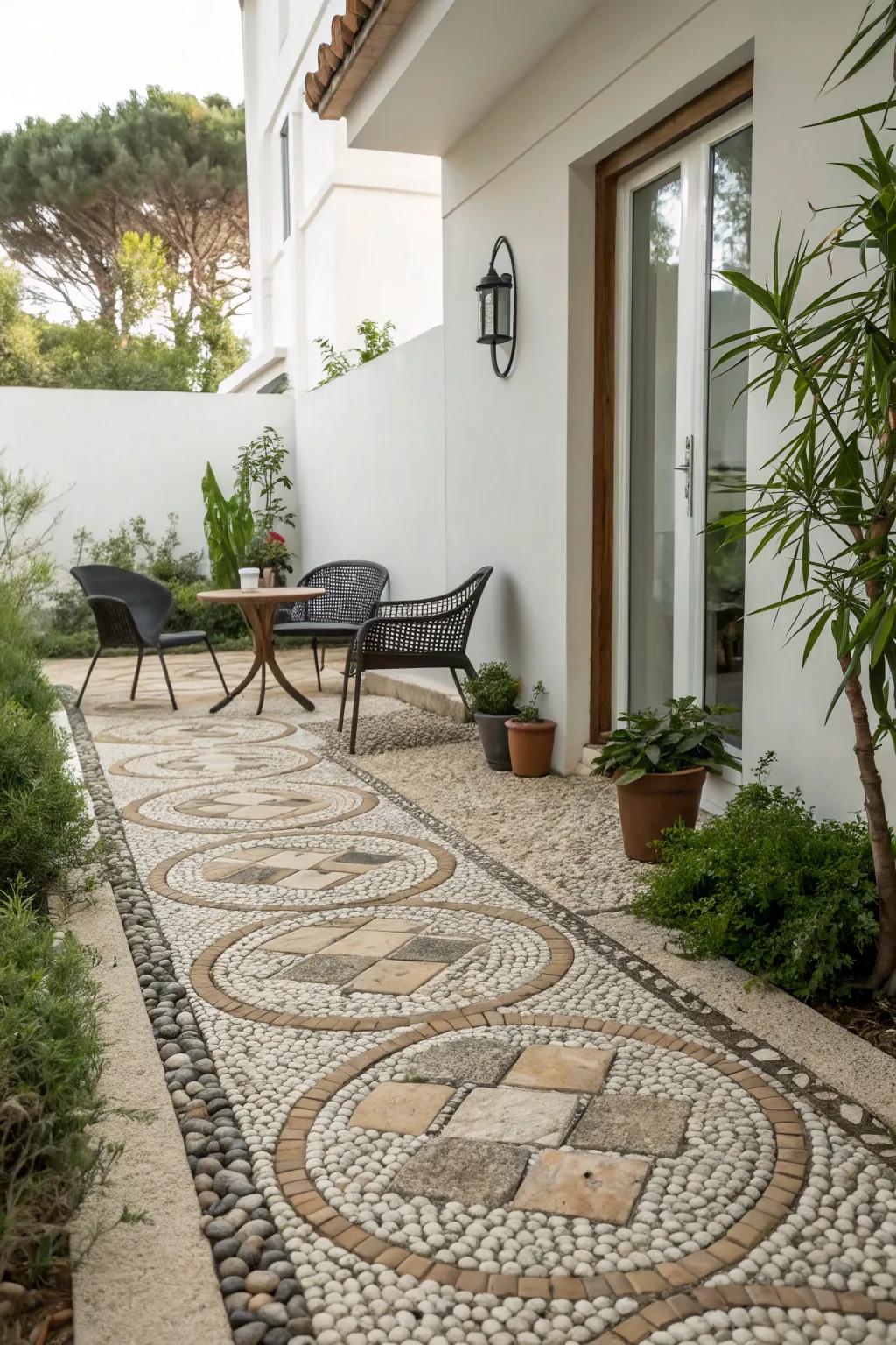 Pebble mosaics adding texture and artistry.