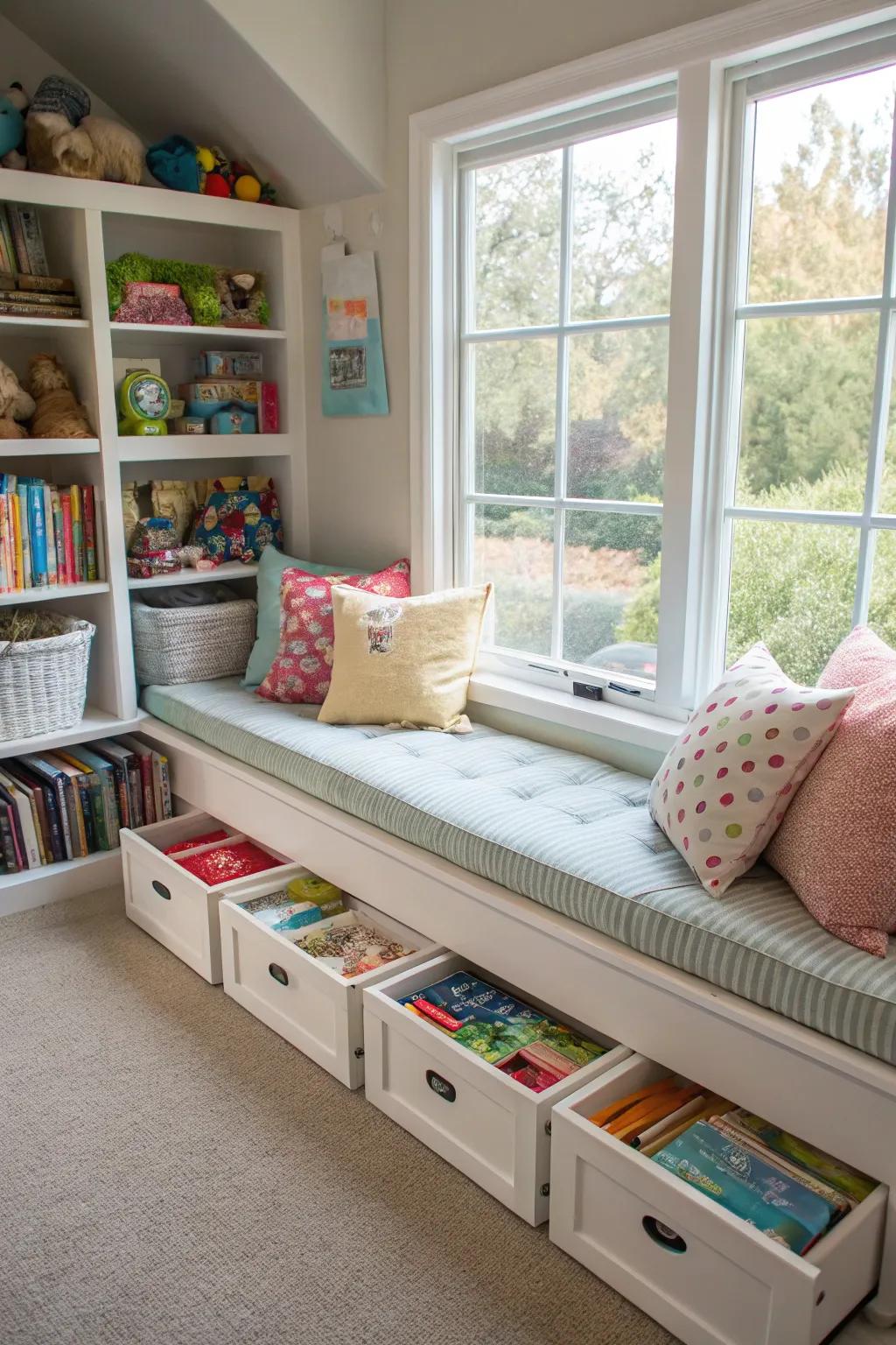 Window seats provide comfort and hidden stowing.