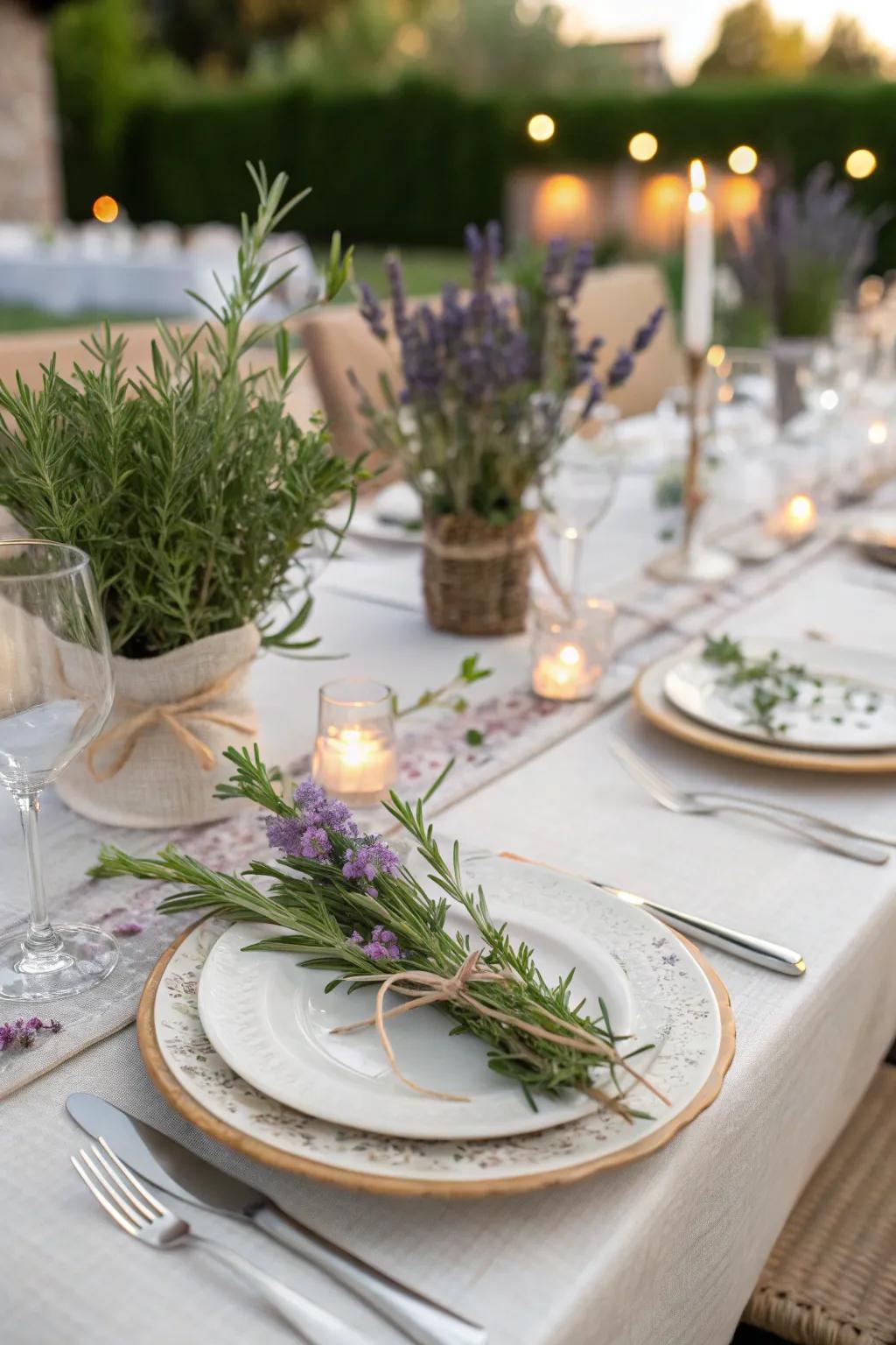 Herbs infusing scent and uniqueness into wedding arrangements.