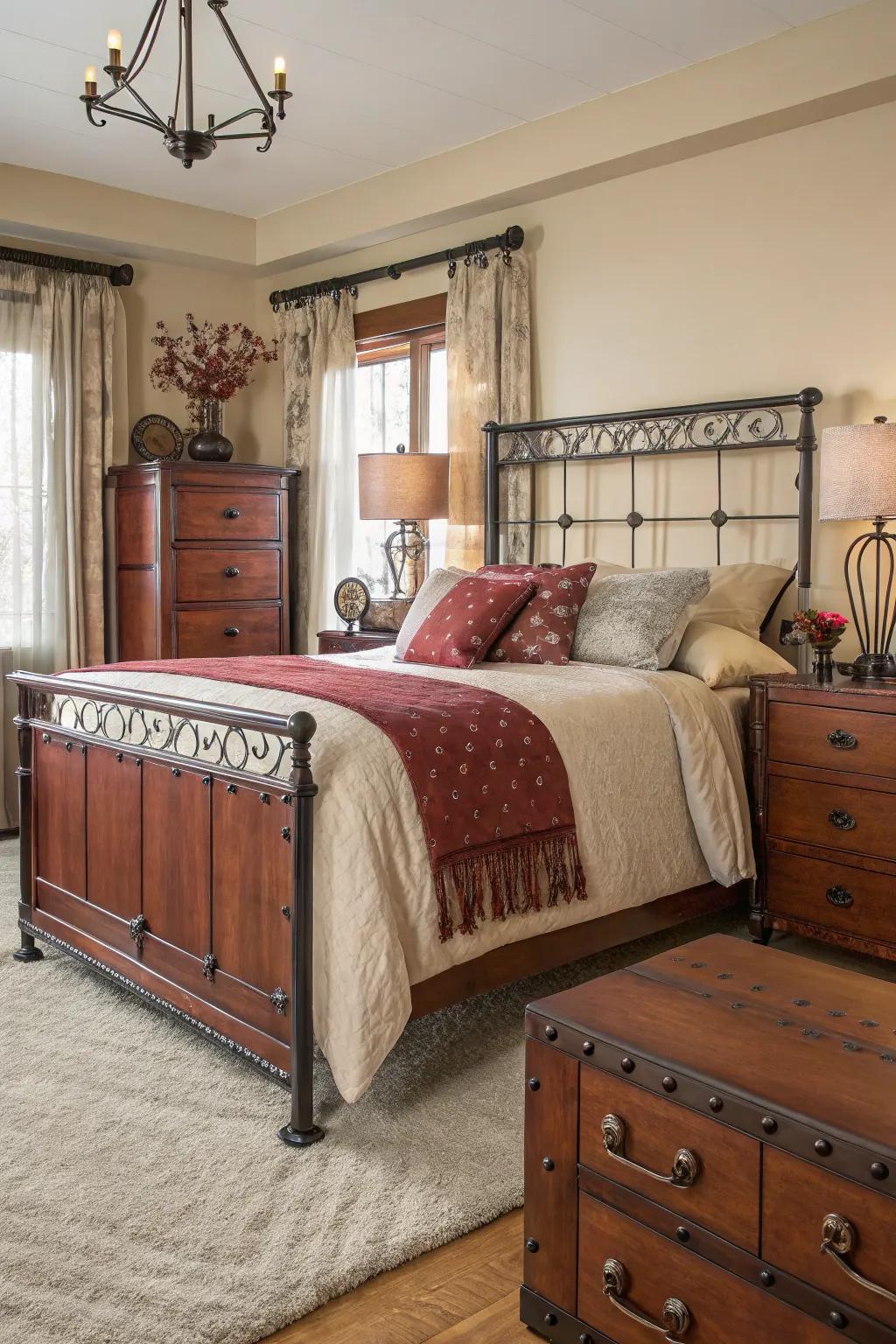 Metal details adding a modern twist to maple hardwood furniture.