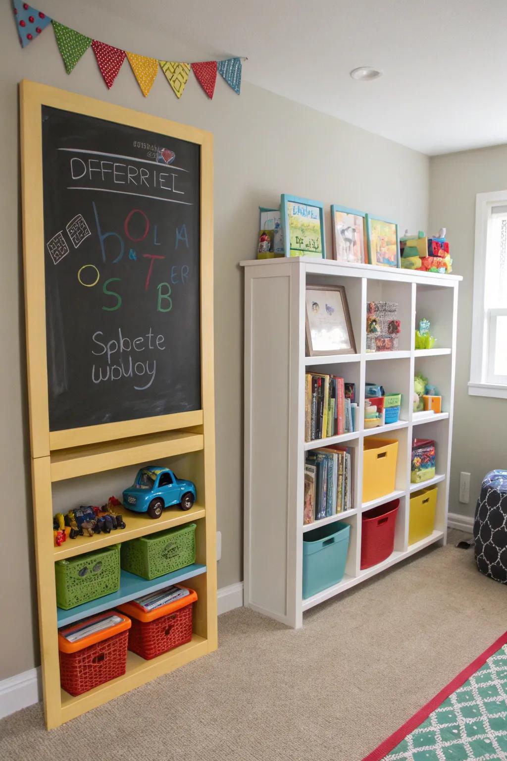 Interactive shelving combines storage with play.