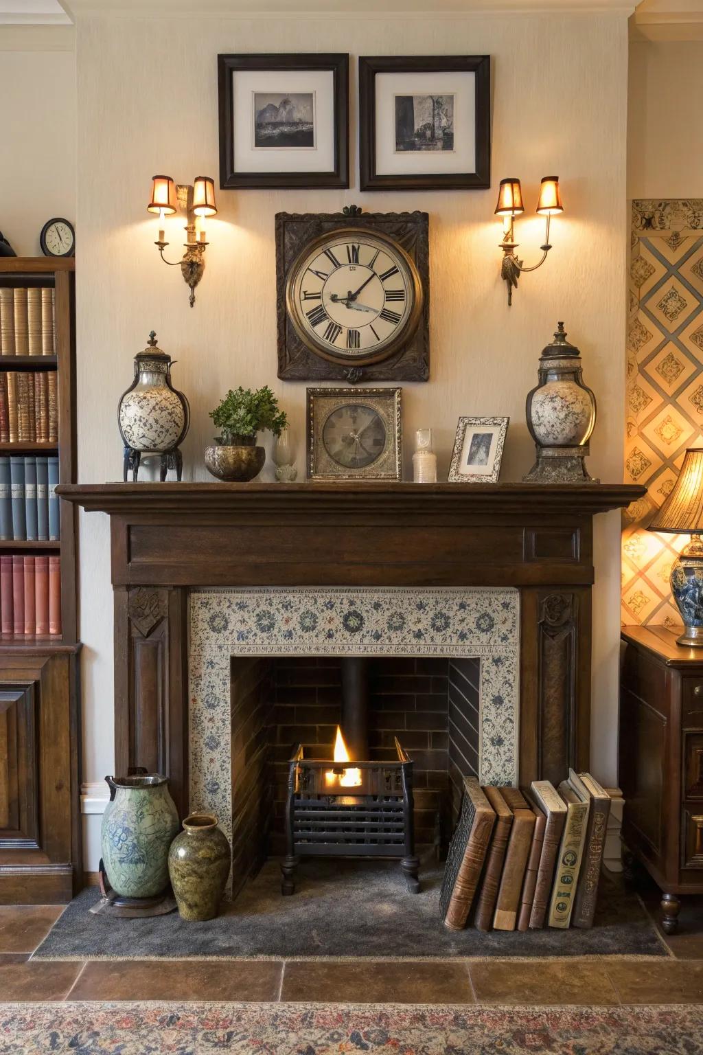 Mixing classic and modern pieces adds diverse charm to the fireplace.