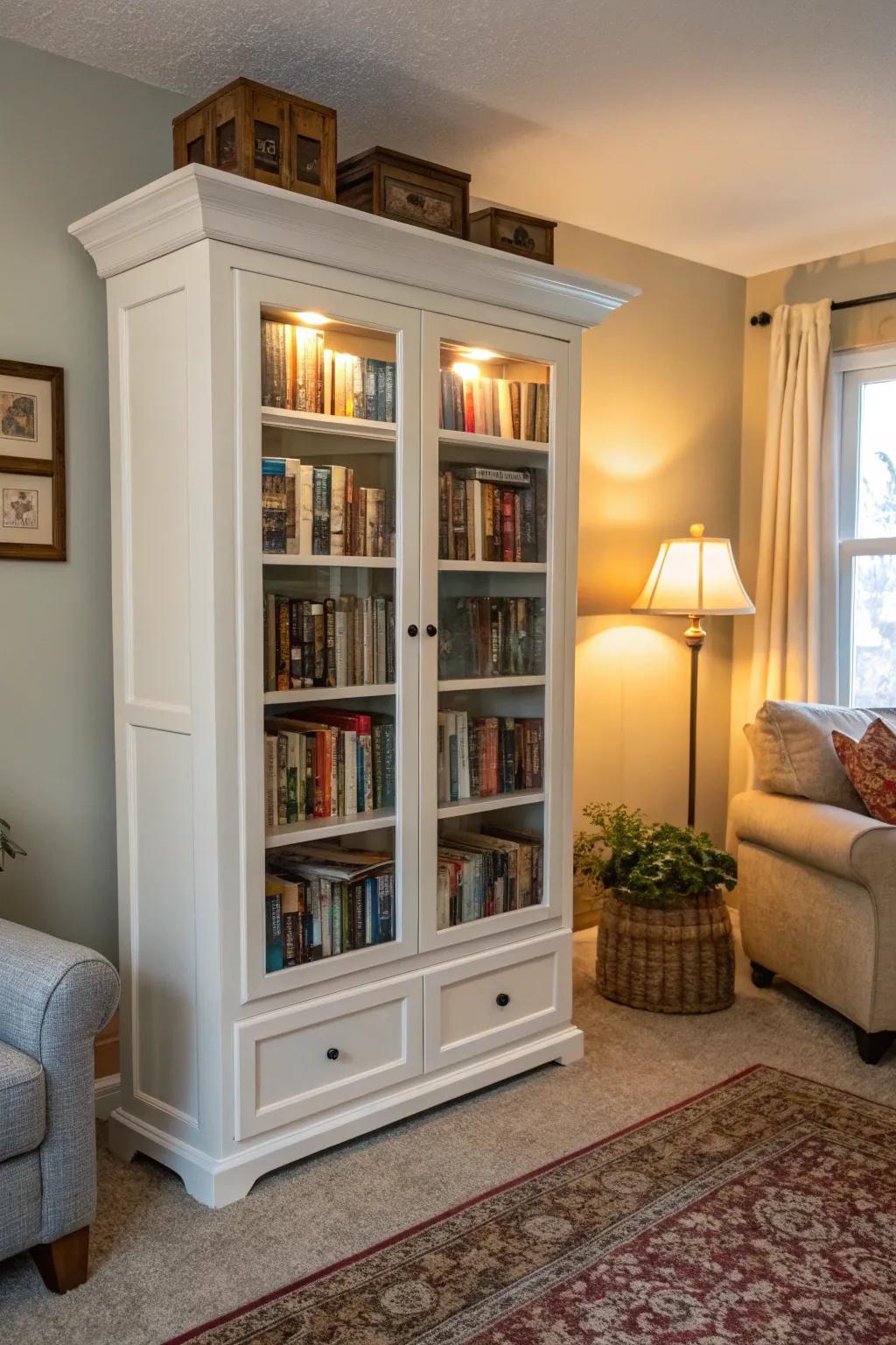Display case repurposed as a unique bookshelf.