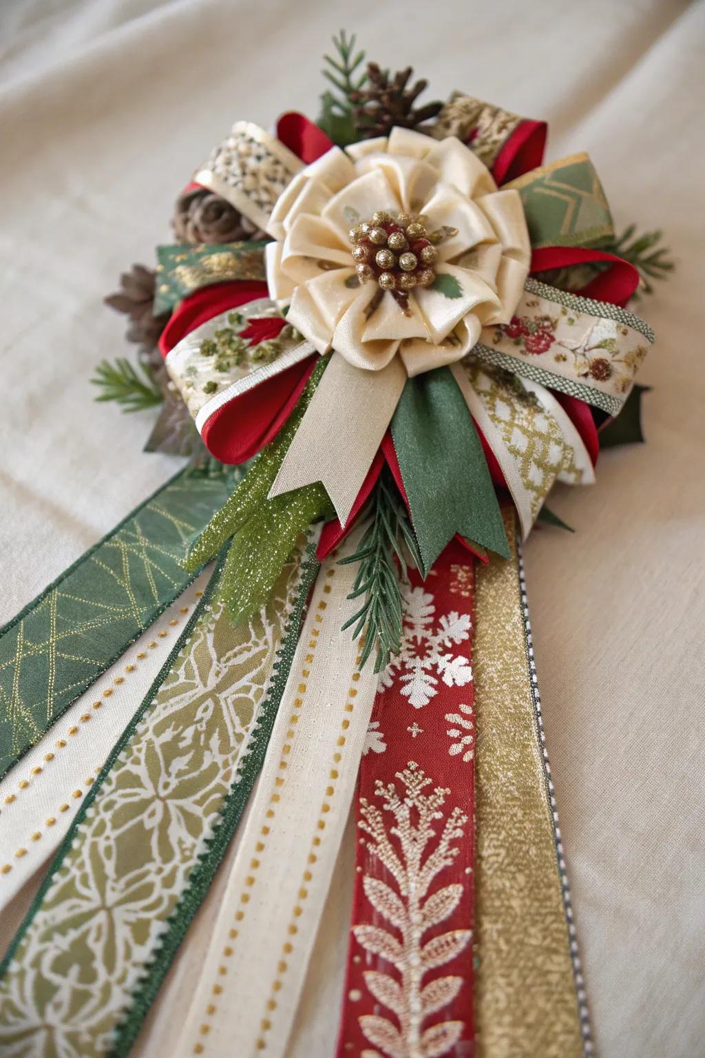 A sentimental Christmas corsage showcasing layered filaments.