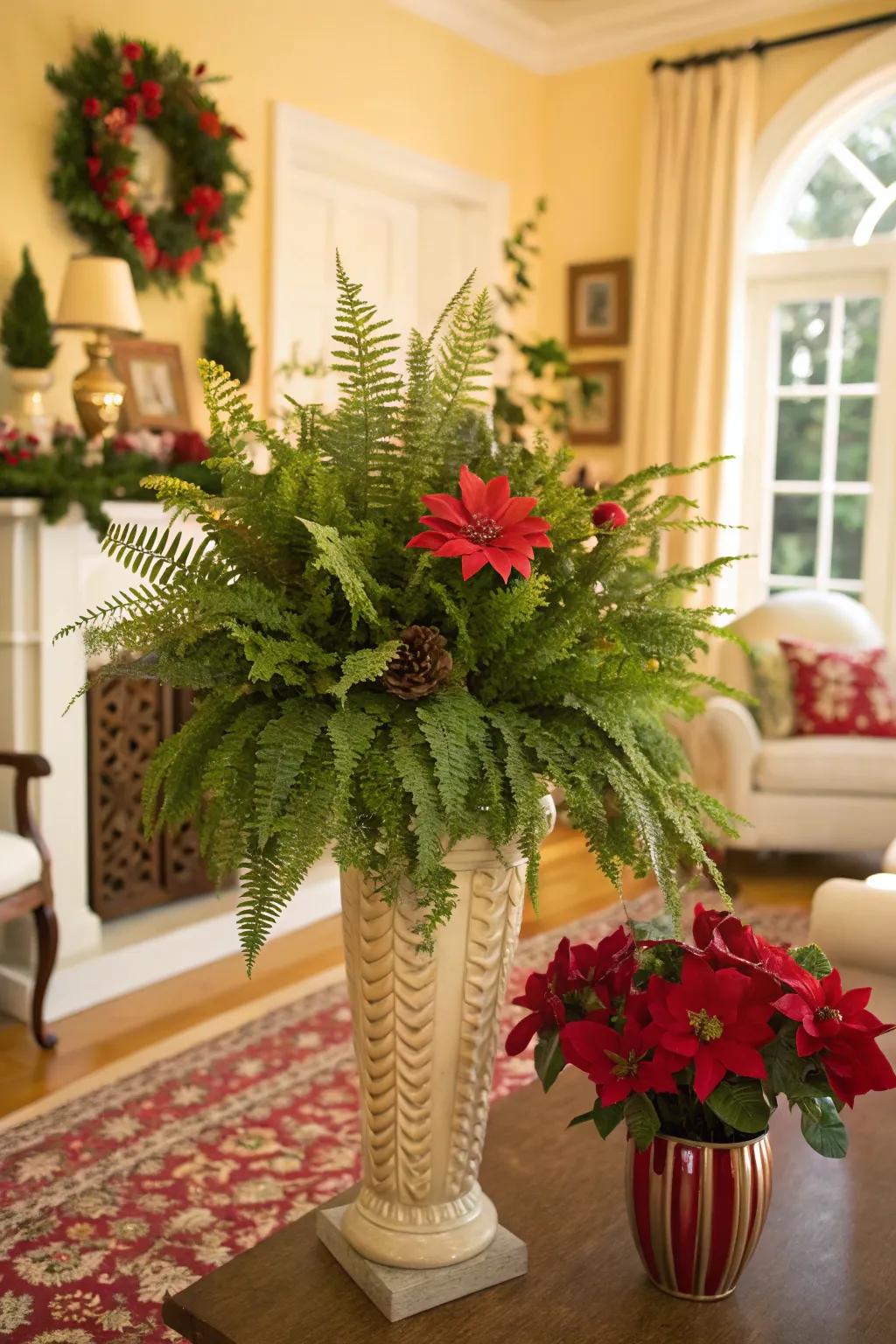 Leaves add a cool texture to classic holiday arrangements.
