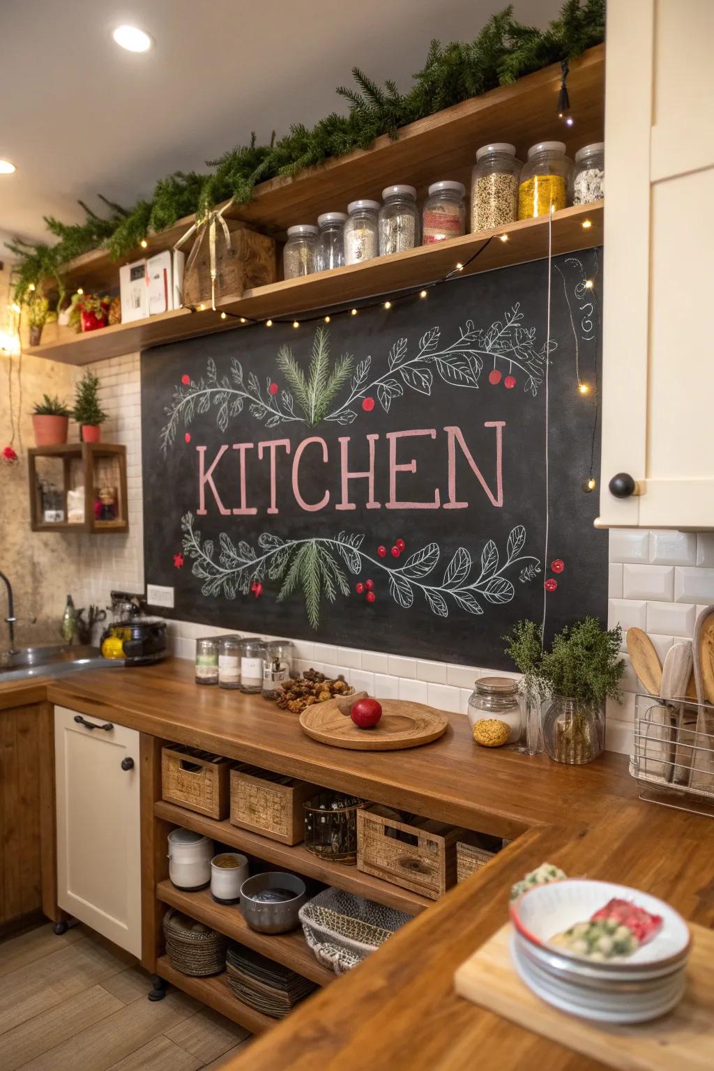 A chalkboard with a festive message brings interactive cheer to the kitchen.