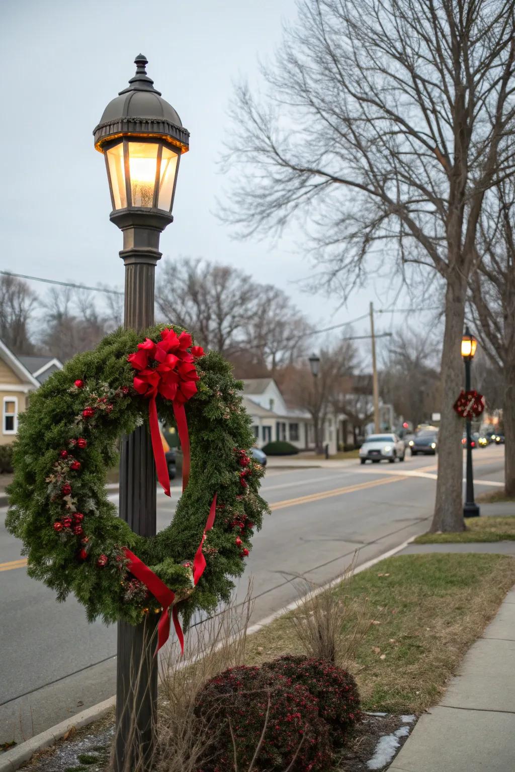A greeting wreath warms up a wintery lamp post.