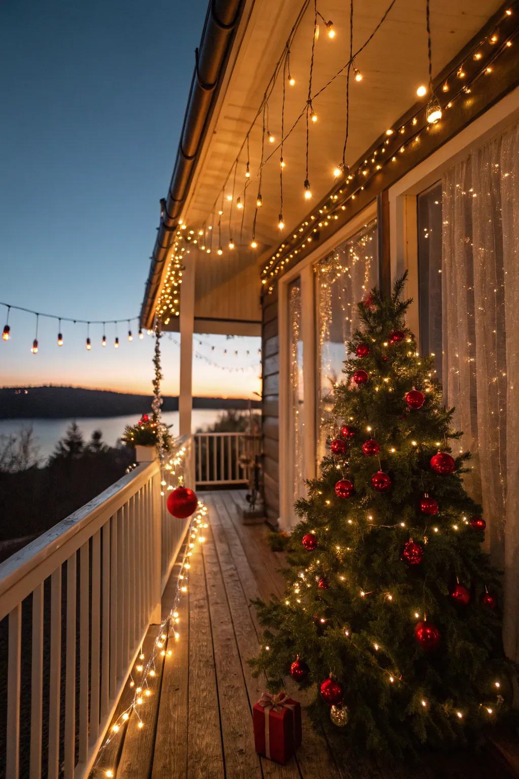 A cozy balcony adorned with warm festive light strands.