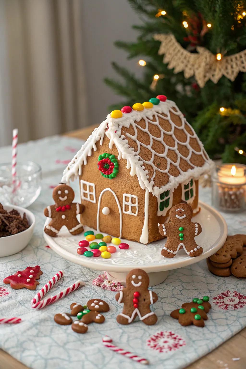 Charming gingerbread abode centerpiece.