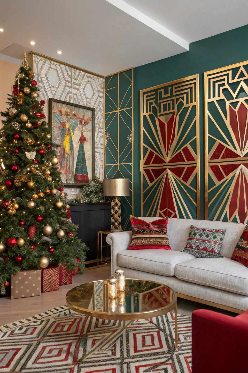 Geometric era joy with glamorous holiday decor.