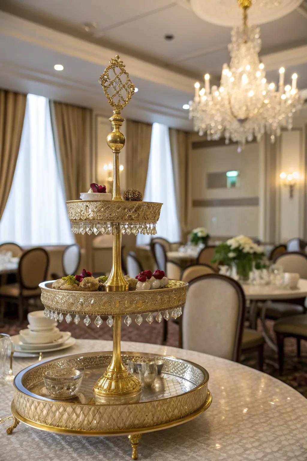 Glamorous gilded details bring luxury to this tiered display.