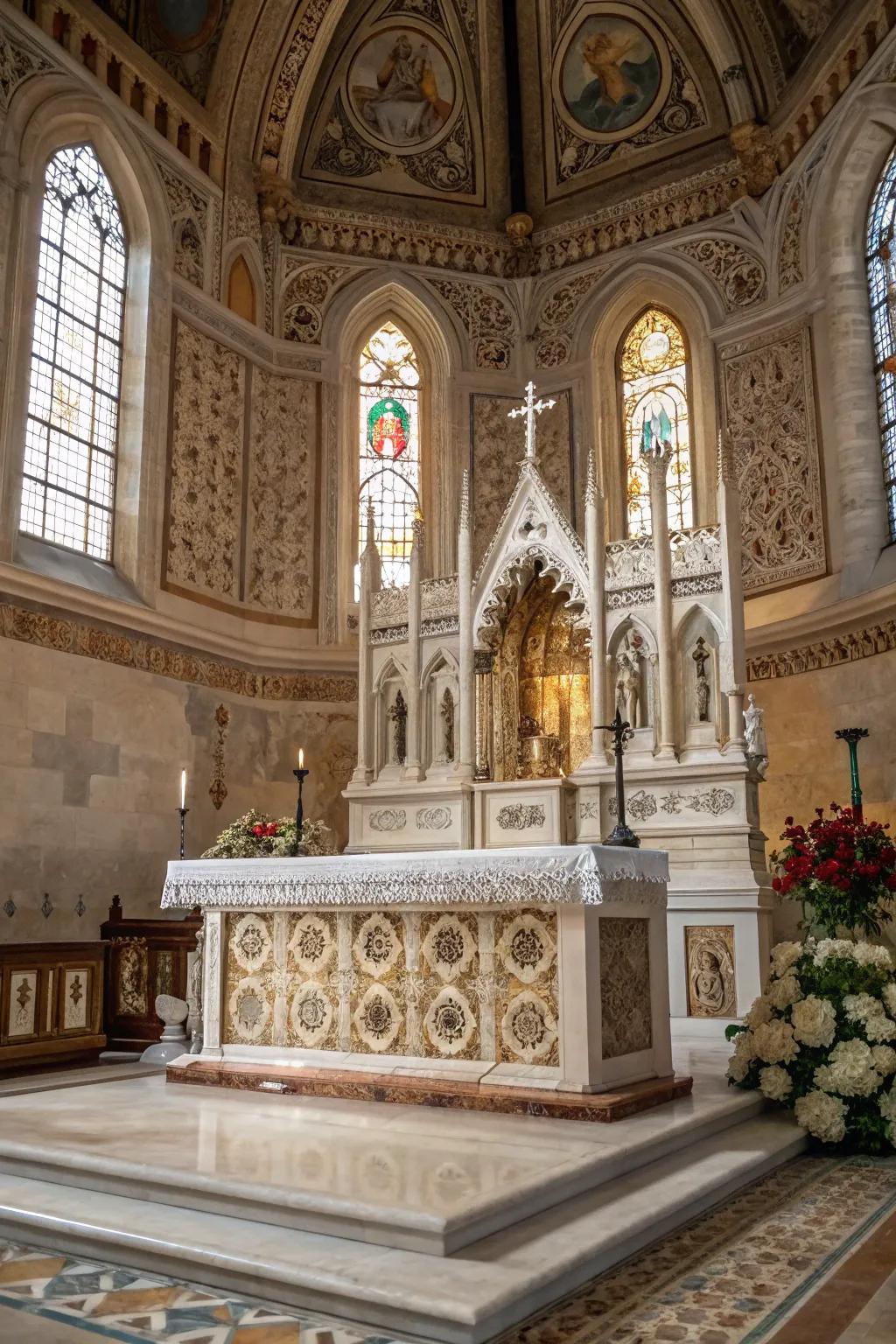 An altar adorned with intricate marble details, adding timeless elegance.